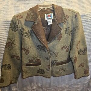 Wooded River Jacket Womens Large Green Wool Blend Squirrel/leaves/acorns USA